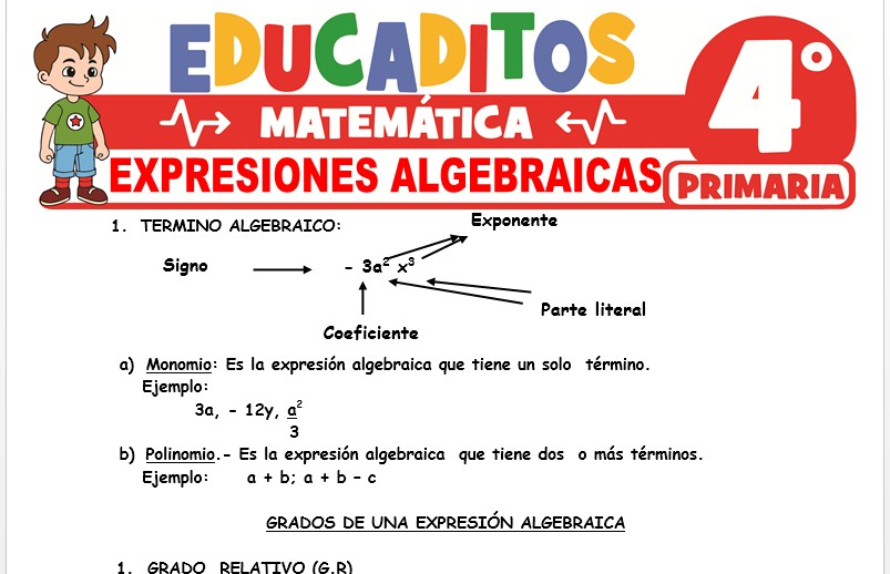 Ficha de Expresiones Algebraicas para Cuarto Grado de Primaria