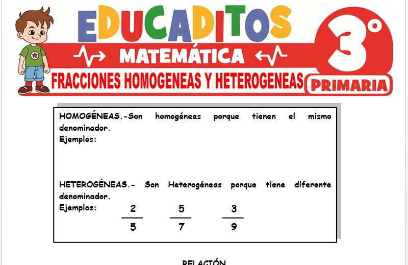 Ficha de Fracciones Homogéneas y Heterogéneas para Tercer Grado de Primaria