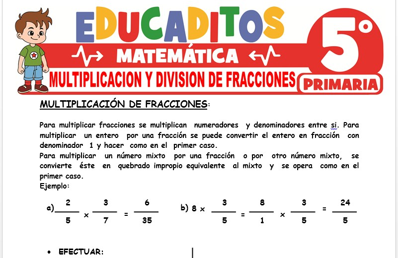 Ficha de Multiplicación y División de Fracciones para Quinto Grado de Primaria